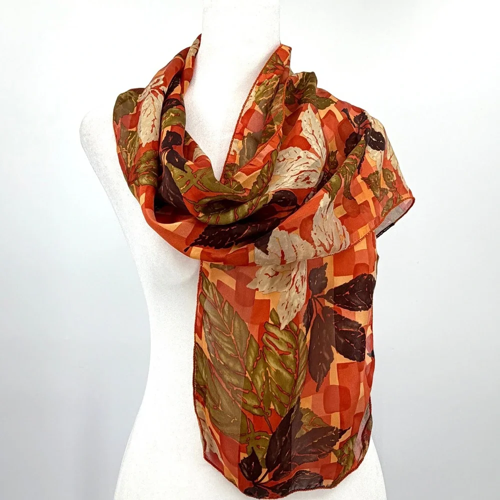 100% Silk Scarf Orange Autumn Leaf Print Cejon Accessories Made in USA 56x10 in